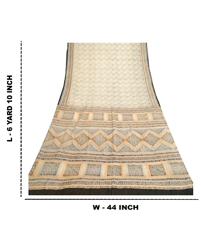 Sanskriti Vintage Sarees From India Ivory Pure Silk Printed Sari Craft Fabric, PR-61983-Ivory-Pure Silk-9