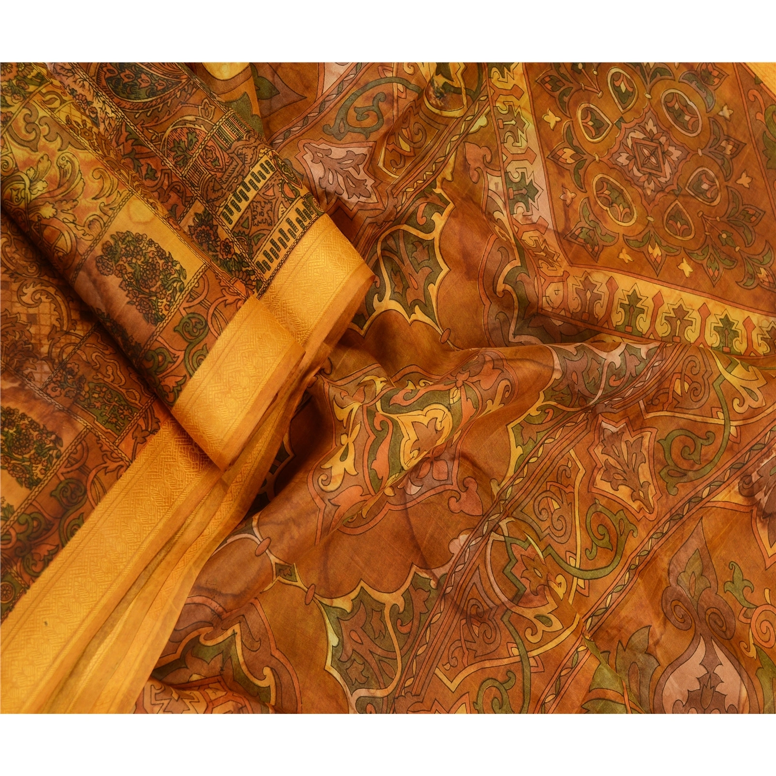 Sanskriti Vintage Sarees Saffron Pure Silk Printed Floral Sari Soft Craft Fabric, PR-61989-Saffron-Pure Silk-1