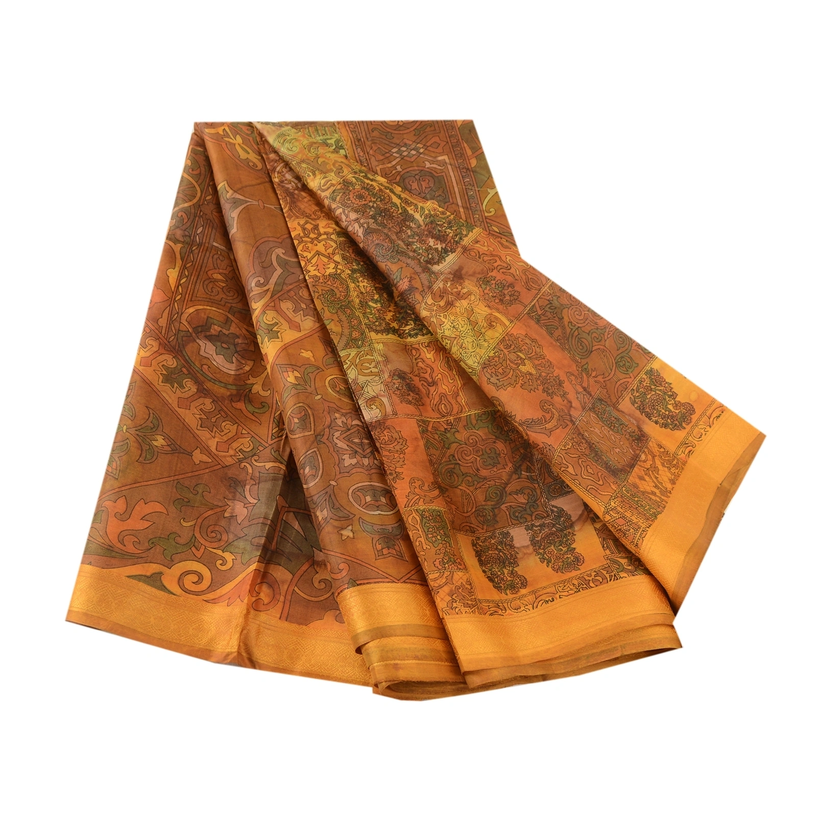 Sanskriti Vintage Sarees Saffron Pure Silk Printed Floral Sari Soft Craft Fabric, PR-61989-Saffron-Pure Silk-6