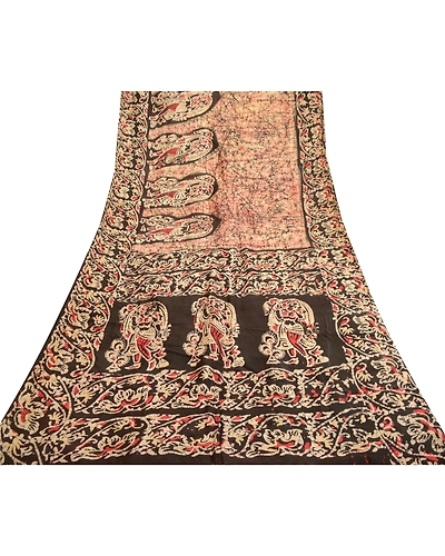 Sanskriti Vintage Sarees Batik Women Printed Cream Pure Silk Sari Craft Fabric, PR-62009-Cream-Pure Silk-7