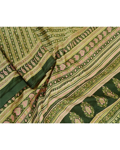 Sanskriti Vintage Sarees From India Green Printed Pure Silk Sari Craft Fabric, PR-62024-Green-Pure Silk-1