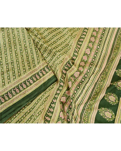 Sanskriti Vintage Sarees From India Green Printed Pure Silk Sari Craft Fabric, PR-62024-Green-Pure Silk-2