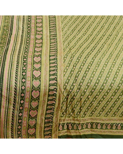 Sanskriti Vintage Sarees From India Green Printed Pure Silk Sari Craft Fabric, PR-62024-Green-Pure Silk-3