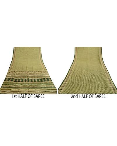 Sanskriti Vintage Sarees From India Green Printed Pure Silk Sari Craft Fabric, PR-62024-Green-Pure Silk-4