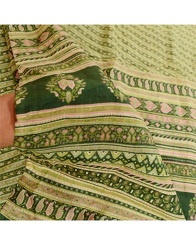 Sanskriti Vintage Sarees From India Green Printed Pure Silk Sari Craft Fabric, PR-62024-Green-Pure Silk-5