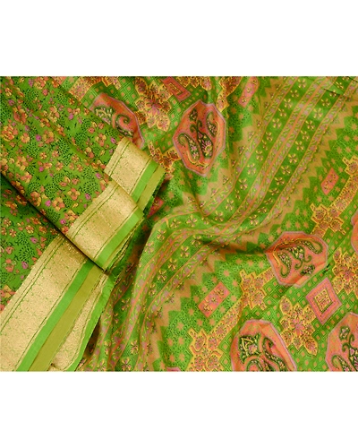 Sanskriti Vintage Sarees Indian Green Pure Silk Printed Sari Soft Craft Fabric, PR-62032-Green-Pure Silk-1