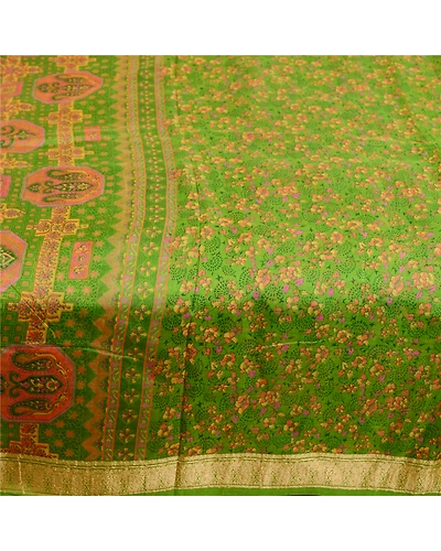 Sanskriti Vintage Sarees Indian Green Pure Silk Printed Sari Soft Craft Fabric, PR-62032-Green-Pure Silk-3