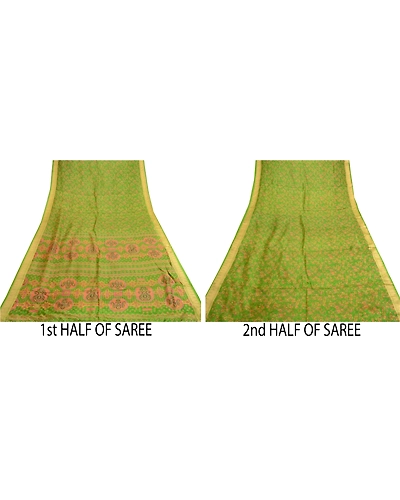 Sanskriti Vintage Sarees Indian Green Pure Silk Printed Sari Soft Craft Fabric, PR-62032-Green-Pure Silk-4