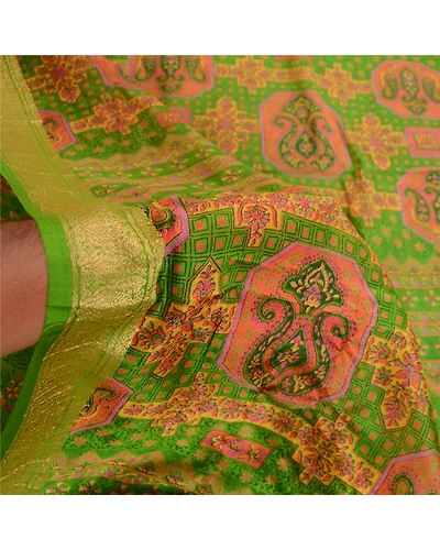 Sanskriti Vintage Sarees Indian Green Pure Silk Printed Sari Soft Craft Fabric, PR-62032-Green-Pure Silk-5