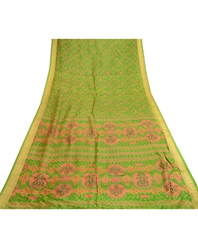 Sanskriti Vintage Sarees Indian Green Pure Silk Printed Sari Soft Craft Fabric, PR-62032-Green-Pure Silk-7