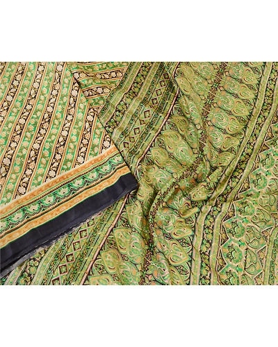 Sanskriti Vintage Sarees Green Indian Pure Silk Printed Sari Floral Craft Fabric, PR-62036-Green-Pure Silk-2