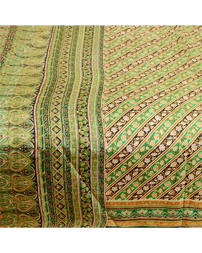 Sanskriti Vintage Sarees Green Indian Pure Silk Printed Sari Floral Craft Fabric, PR-62036-Green-Pure Silk-3
