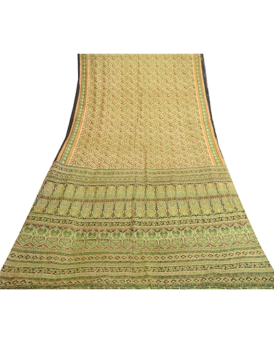 Sanskriti Vintage Sarees Green Indian Pure Silk Printed Sari Floral Craft Fabric, PR-62036-Green-Pure Silk-7