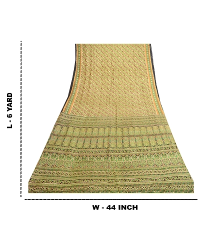 Sanskriti Vintage Sarees Green Indian Pure Silk Printed Sari Floral Craft Fabric, PR-62036-Green-Pure Silk-8