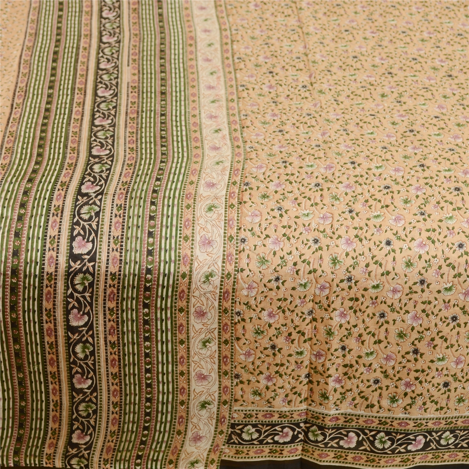 Sanskriti Vintage Sarees Beige 100% Pure Silk Printed Sari Floral Craft Fabric, PR-62040-Beige-Pure Silk-3