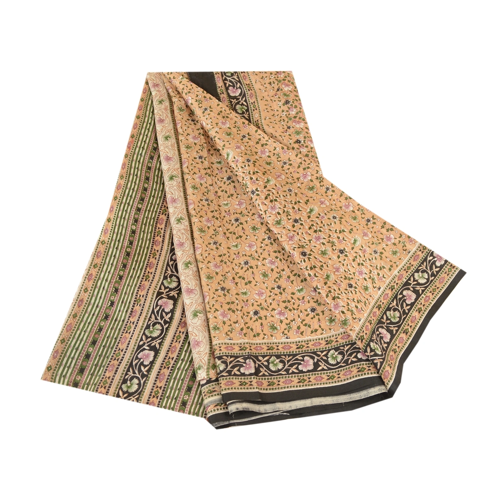 Sanskriti Vintage Sarees Beige 100% Pure Silk Printed Sari Floral Craft Fabric, PR-62040-Beige-Pure Silk-6