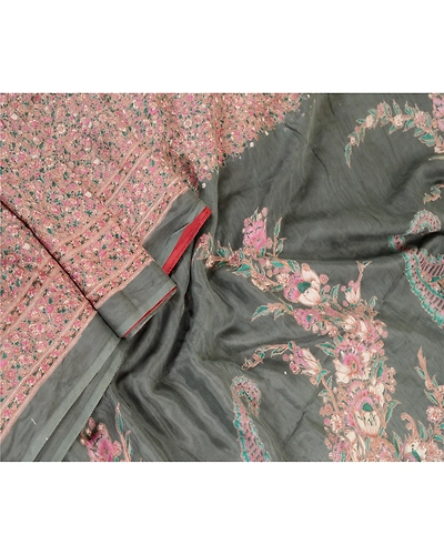 Sanskriti Vintage Sarees From India Green Blend Silk Printed Sari Craft Fabric, PR-62044-Green-Blend Silk-1
