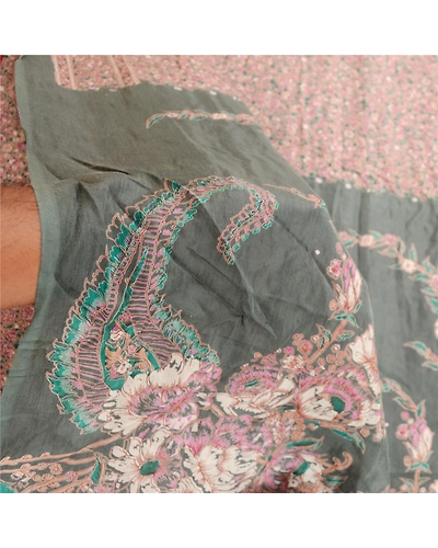 Sanskriti Vintage Sarees From India Green Blend Silk Printed Sari Craft Fabric, PR-62044-Green-Blend Silk-5