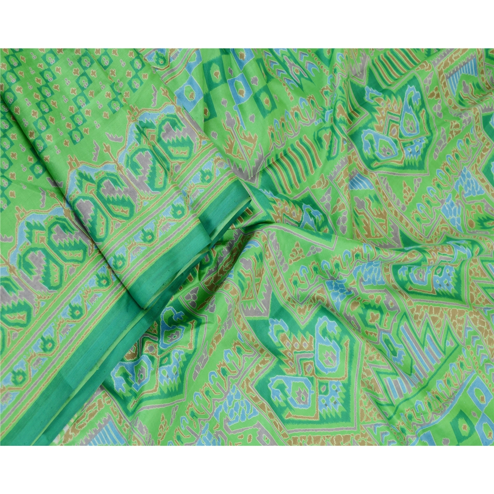 Sanskriti Vintage Sarees Green Pure Silk Printed Sari 5Yd Floral Craft Fabric, PR-62046-Green-Pure Silk-1