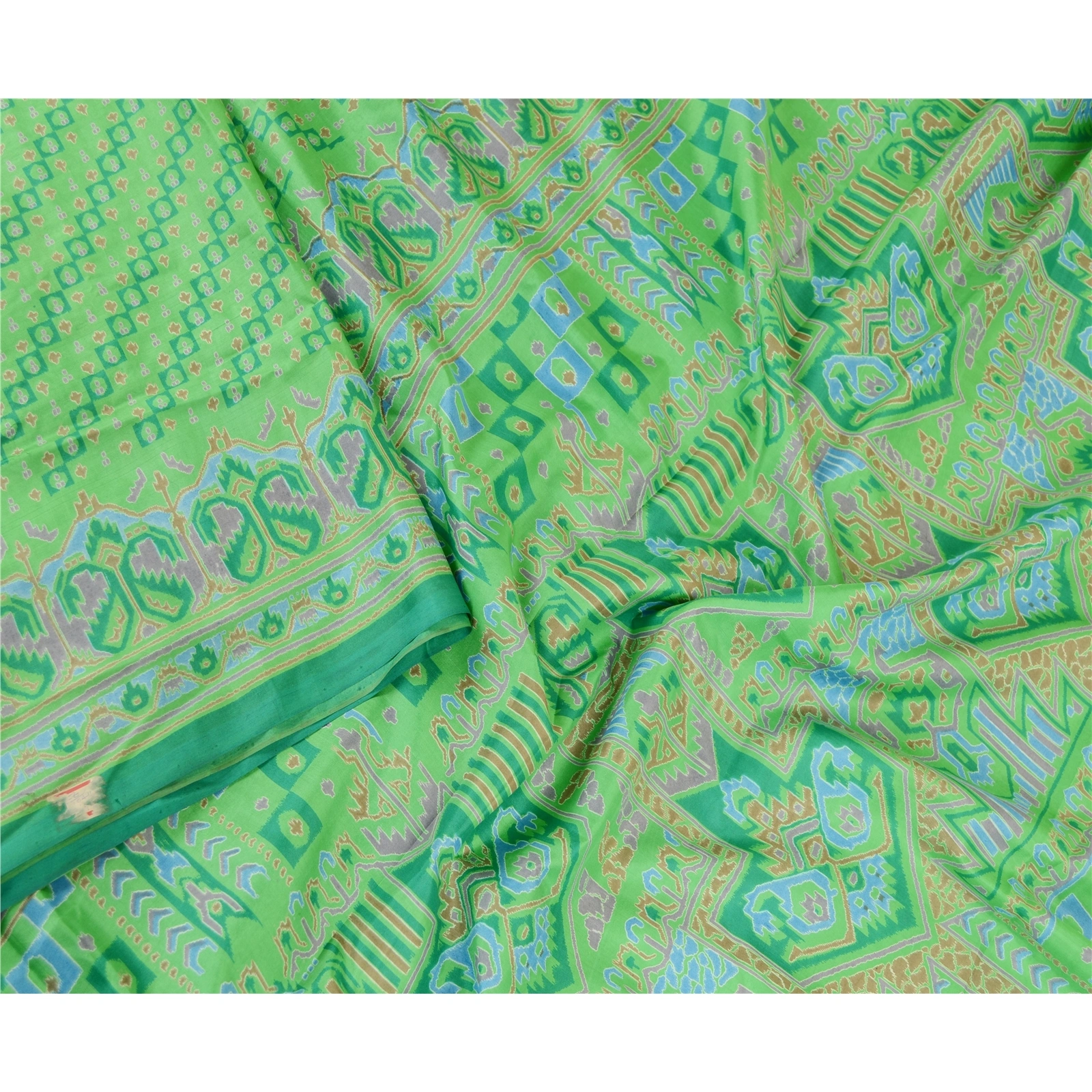 Sanskriti Vintage Sarees Green Pure Silk Printed Sari 5Yd Floral Craft Fabric, PR-62046-Green-Pure Silk-2