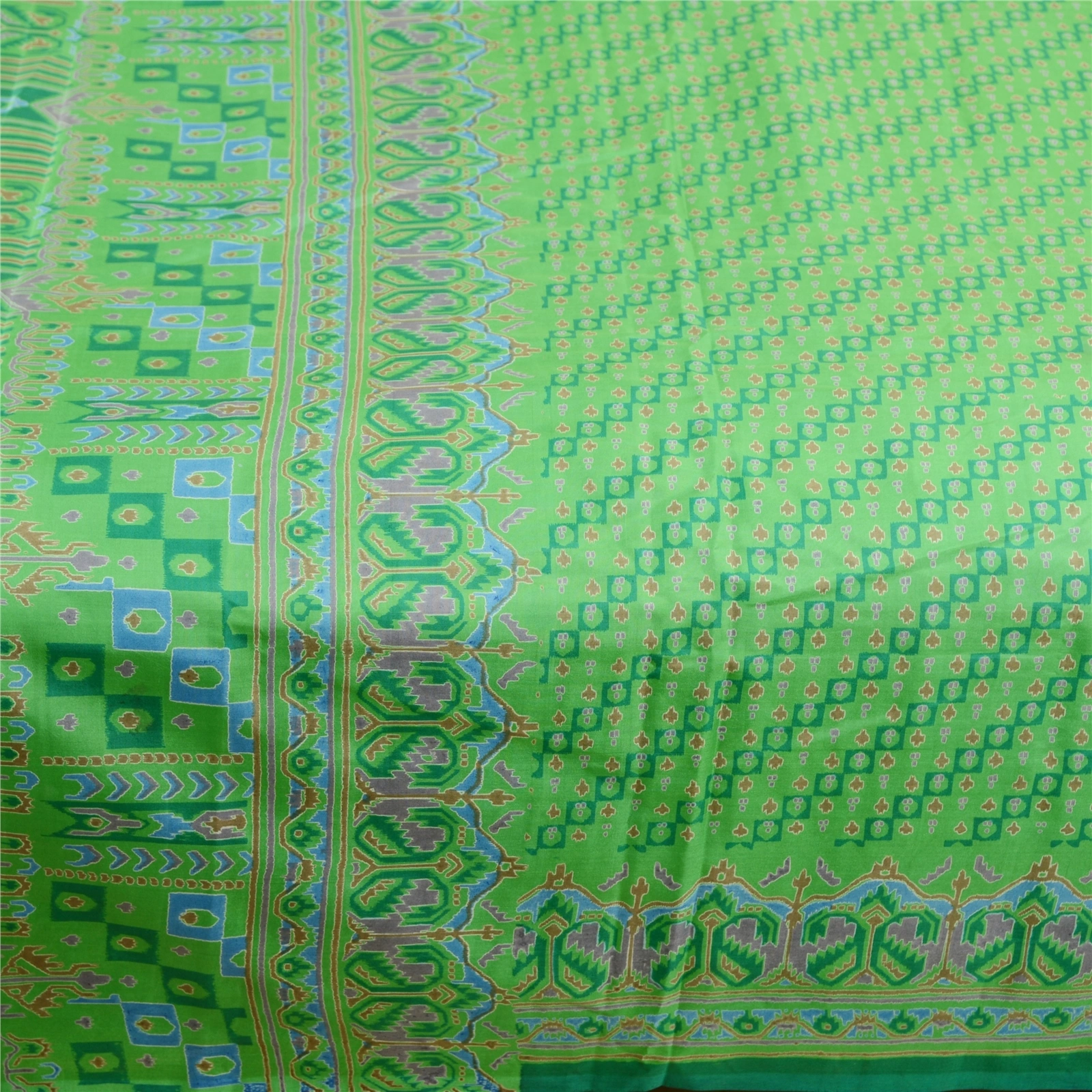 Sanskriti Vintage Sarees Green Pure Silk Printed Sari 5Yd Floral Craft Fabric, PR-62046-Green-Pure Silk-3