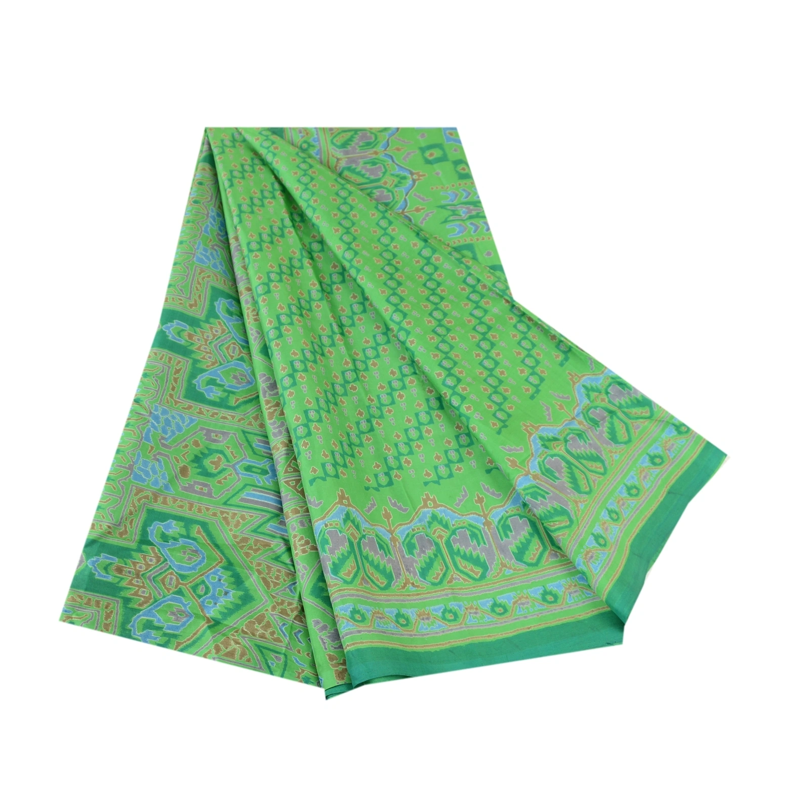 Sanskriti Vintage Sarees Green Pure Silk Printed Sari 5Yd Floral Craft Fabric, PR-62046-Green-Pure Silk-6