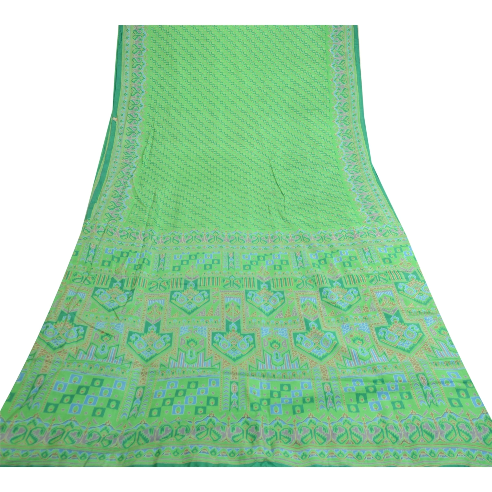 Sanskriti Vintage Sarees Green Pure Silk Printed Sari 5Yd Floral Craft Fabric, PR-62046-Green-Pure Silk-7