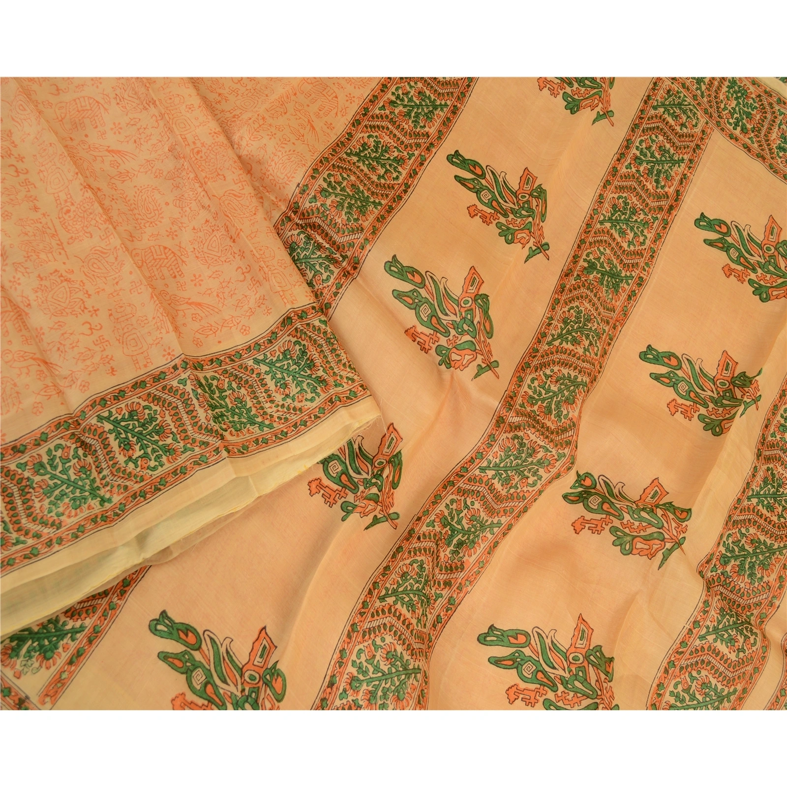 Sanskriti Vintage Sarees Beige Animal Block Printed Pure Silk Sari Craft Fabric, PR-62055-Beige-Pure Silk-1