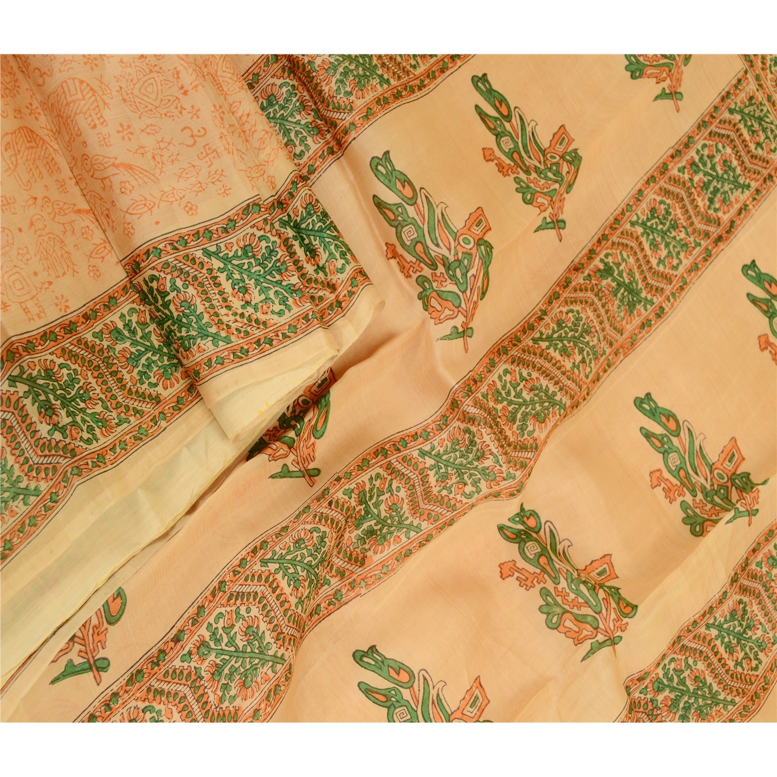 Sanskriti Vintage Sarees Beige Animal Block Printed Pure Silk Sari Craft Fabric, PR-62055-Beige-Pure Silk-2