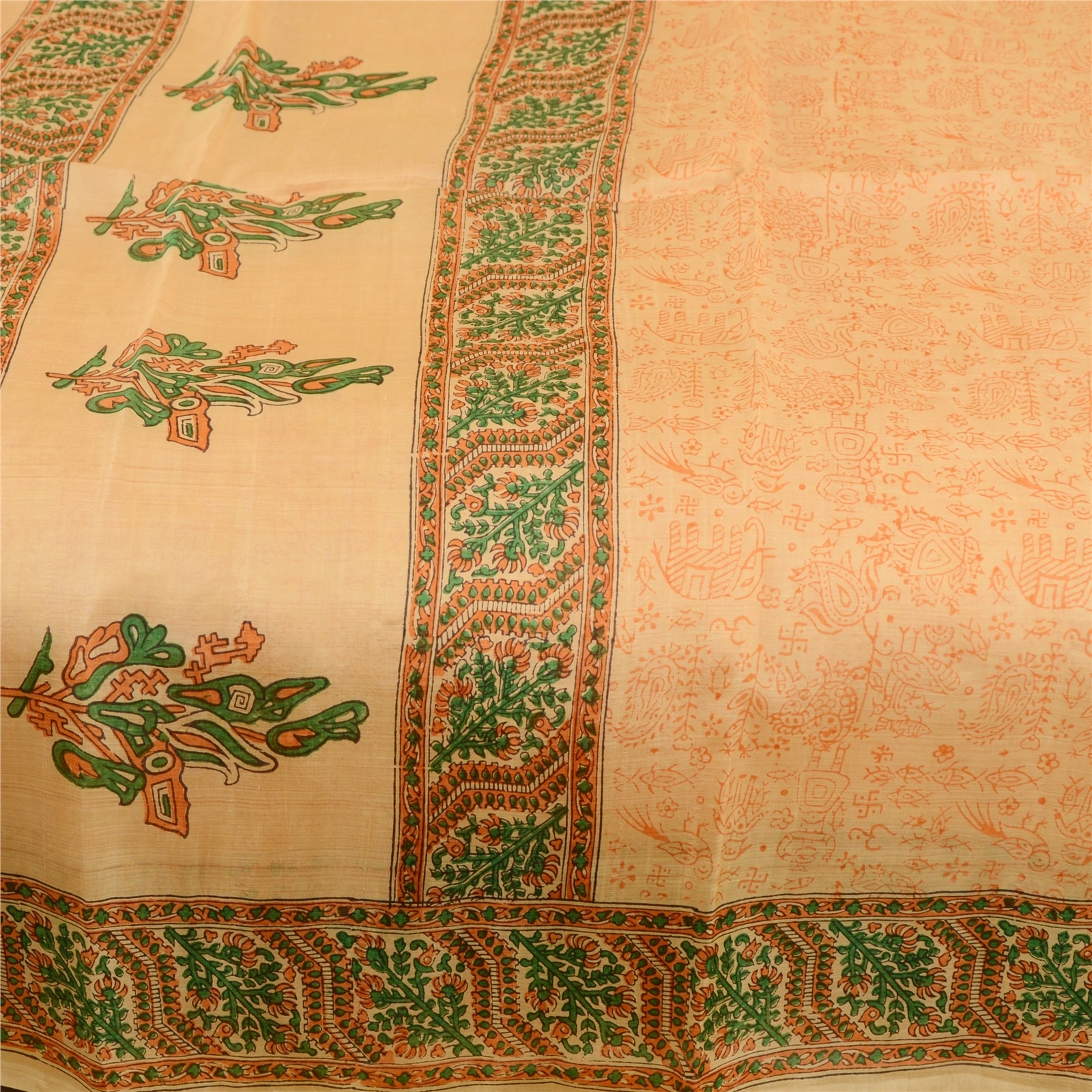 Sanskriti Vintage Sarees Beige Animal Block Printed Pure Silk Sari Craft Fabric, PR-62055-Beige-Pure Silk-3