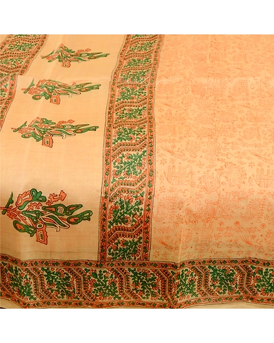 Sanskriti Vintage Sarees Beige Animal Block Printed Pure Silk Sari Craft Fabric, PR-62055-Beige-Pure Silk-3