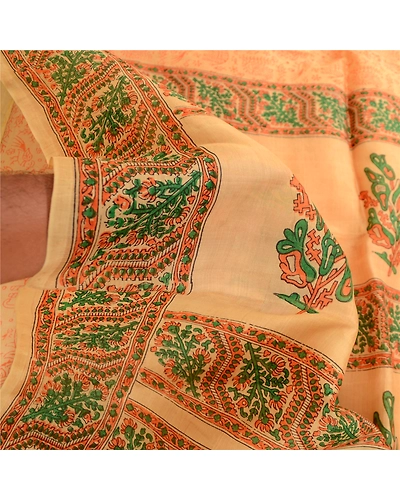 Sanskriti Vintage Sarees Beige Animal Block Printed Pure Silk Sari Craft Fabric, PR-62055-Beige-Pure Silk-5