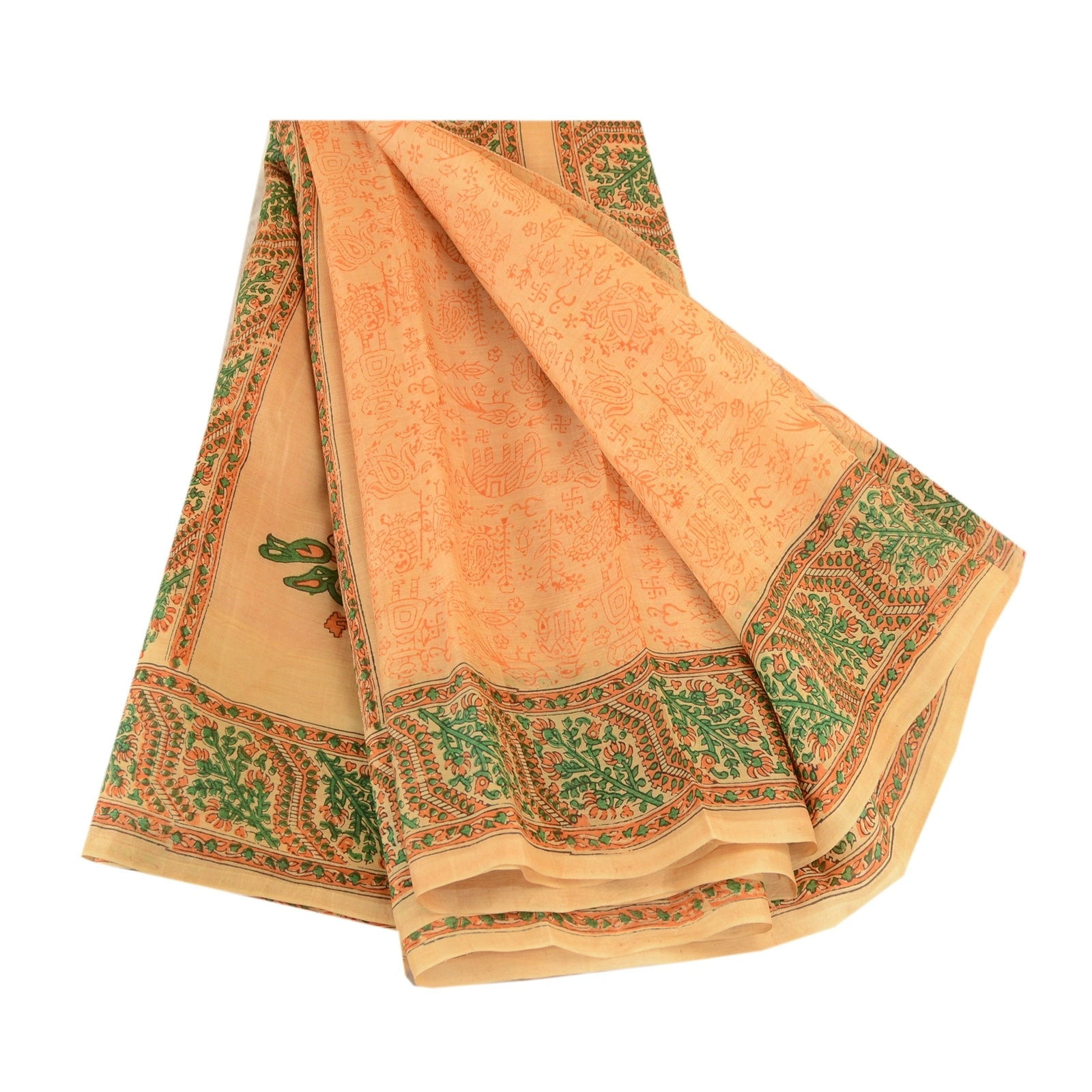 Sanskriti Vintage Sarees Beige Animal Block Printed Pure Silk Sari Craft Fabric, PR-62055-Beige-Pure Silk-6