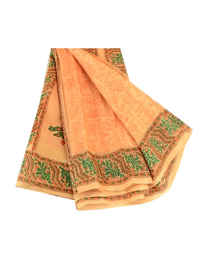 Sanskriti Vintage Sarees Beige Animal Block Printed Pure Silk Sari Craft Fabric, PR-62055-Beige-Pure Silk-6