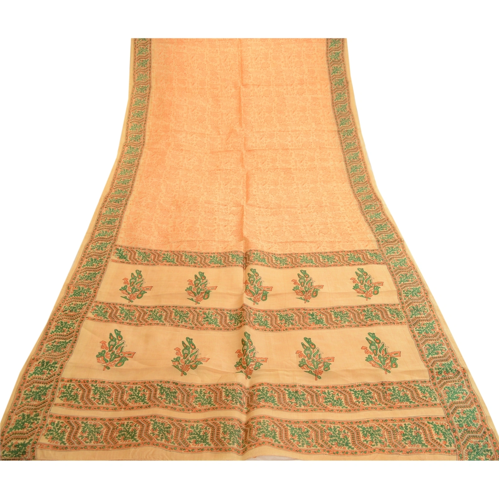 Sanskriti Vintage Sarees Beige Animal Block Printed Pure Silk Sari Craft Fabric, PR-62055-Beige-Pure Silk-7