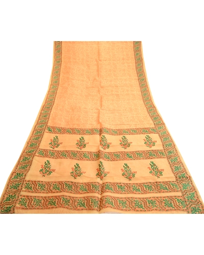 Sanskriti Vintage Sarees Beige Animal Block Printed Pure Silk Sari Craft Fabric, PR-62055-Beige-Pure Silk-7