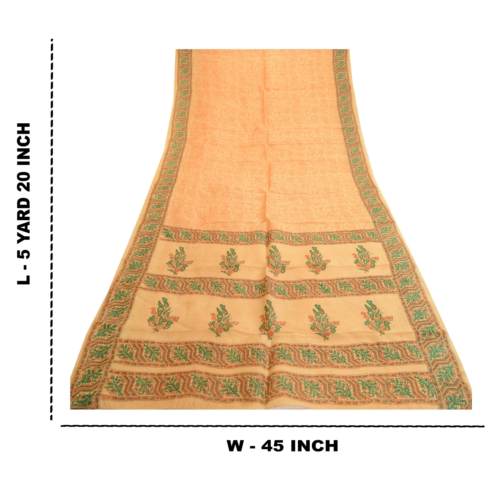 Sanskriti Vintage Sarees Beige Animal Block Printed Pure Silk Sari Craft Fabric, PR-62055-Beige-Pure Silk-8