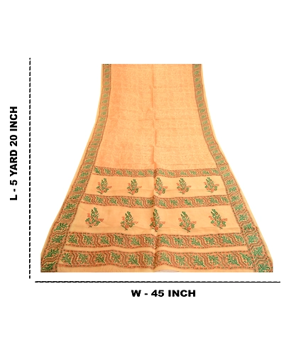 Sanskriti Vintage Sarees Beige Animal Block Printed Pure Silk Sari Craft Fabric, PR-62055-Beige-Pure Silk-8