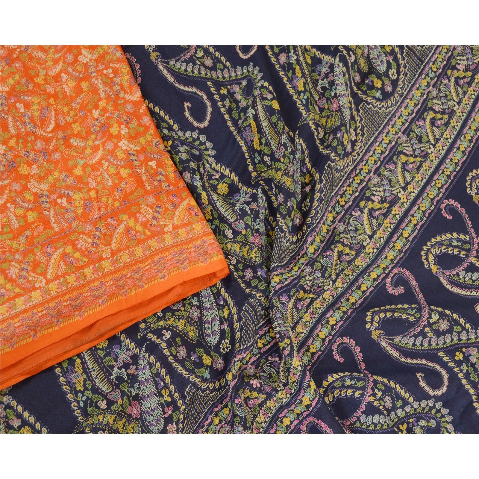 Sanskriti Vintage Sarees From India Orange Pure Silk Printed Sari Craft Fabric, PR-62056-Orange-Pure Silk-1