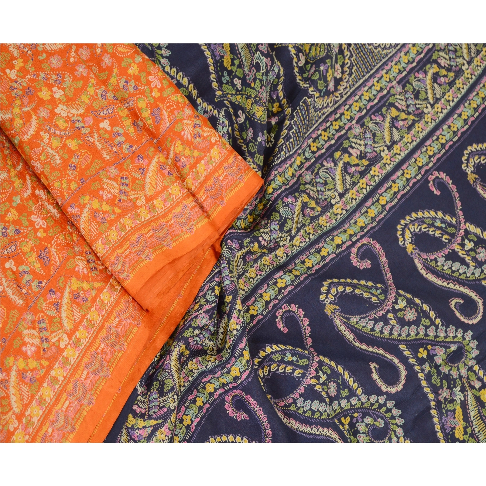 Sanskriti Vintage Sarees From India Orange Pure Silk Printed Sari Craft Fabric, PR-62056-Orange-Pure Silk-2