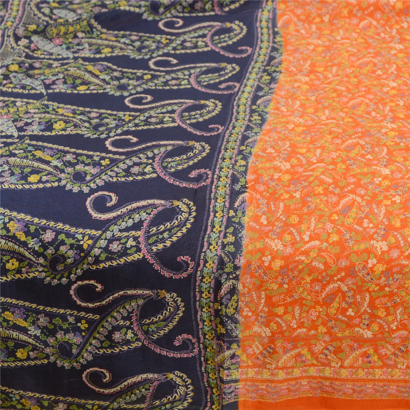 Sanskriti Vintage Sarees From India Orange Pure Silk Printed Sari Craft Fabric, PR-62056-Orange-Pure Silk-3