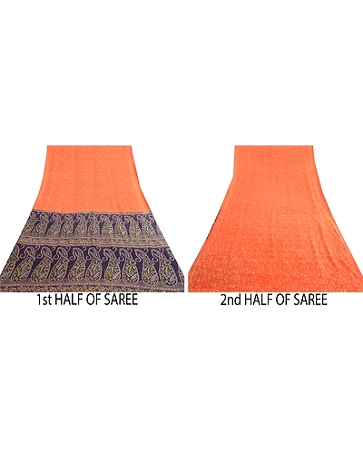 Sanskriti Vintage Sarees From India Orange Pure Silk Printed Sari Craft Fabric, PR-62056-Orange-Pure Silk-4