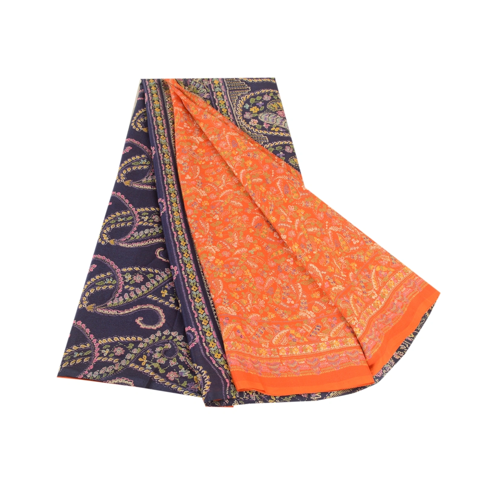 Sanskriti Vintage Sarees From India Orange Pure Silk Printed Sari Craft Fabric, PR-62056-Orange-Pure Silk-6