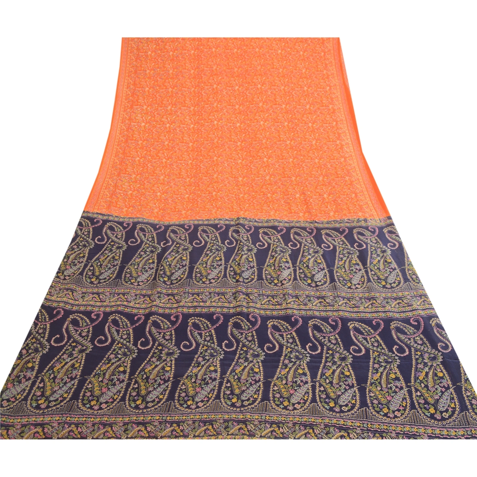 Sanskriti Vintage Sarees From India Orange Pure Silk Printed Sari Craft Fabric, PR-62056-Orange-Pure Silk-7