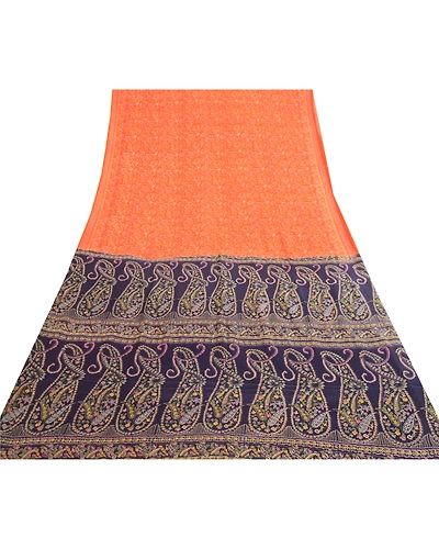 Sanskriti Vintage Sarees From India Orange Pure Silk Printed Sari Craft Fabric, PR-62056-Orange-Pure Silk-7