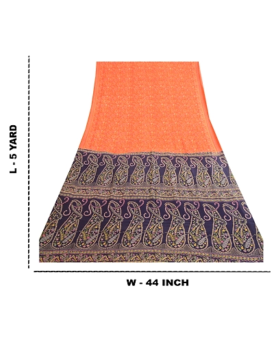 Sanskriti Vintage Sarees From India Orange Pure Silk Printed Sari Craft Fabric, PR-62056-Orange-Pure Silk-8
