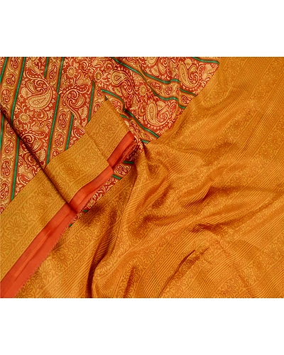 Sanskriti Vintage Sarees Orange 100% Pure Silk Printed Sari Floral Craft Fabric, PR-62061-Orange-Pure Silk-2