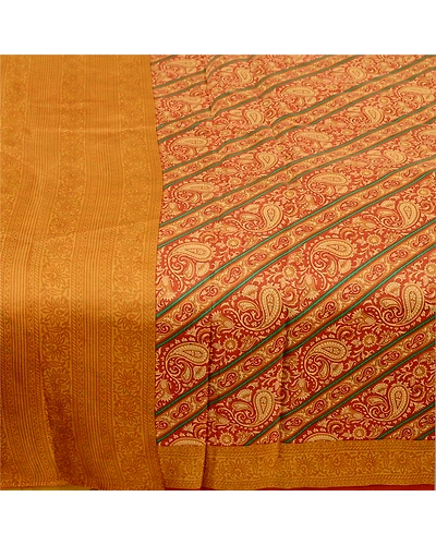 Sanskriti Vintage Sarees Orange 100% Pure Silk Printed Sari Floral Craft Fabric, PR-62061-Orange-Pure Silk-3
