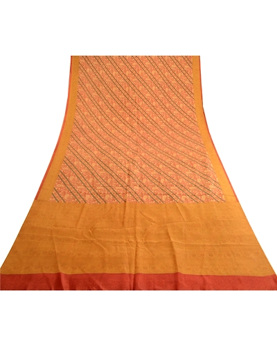 Sanskriti Vintage Sarees Orange 100% Pure Silk Printed Sari Floral Craft Fabric, PR-62061-Orange-Pure Silk-7