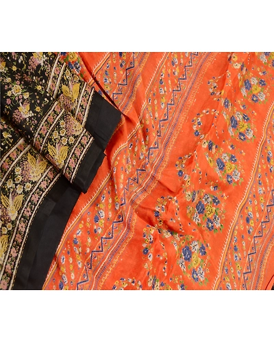 Sanskriti Vintage Sarees From India Black Blend Silk Printed Sari Craft Fabric, PR-62070-Black-Blend Silk-1